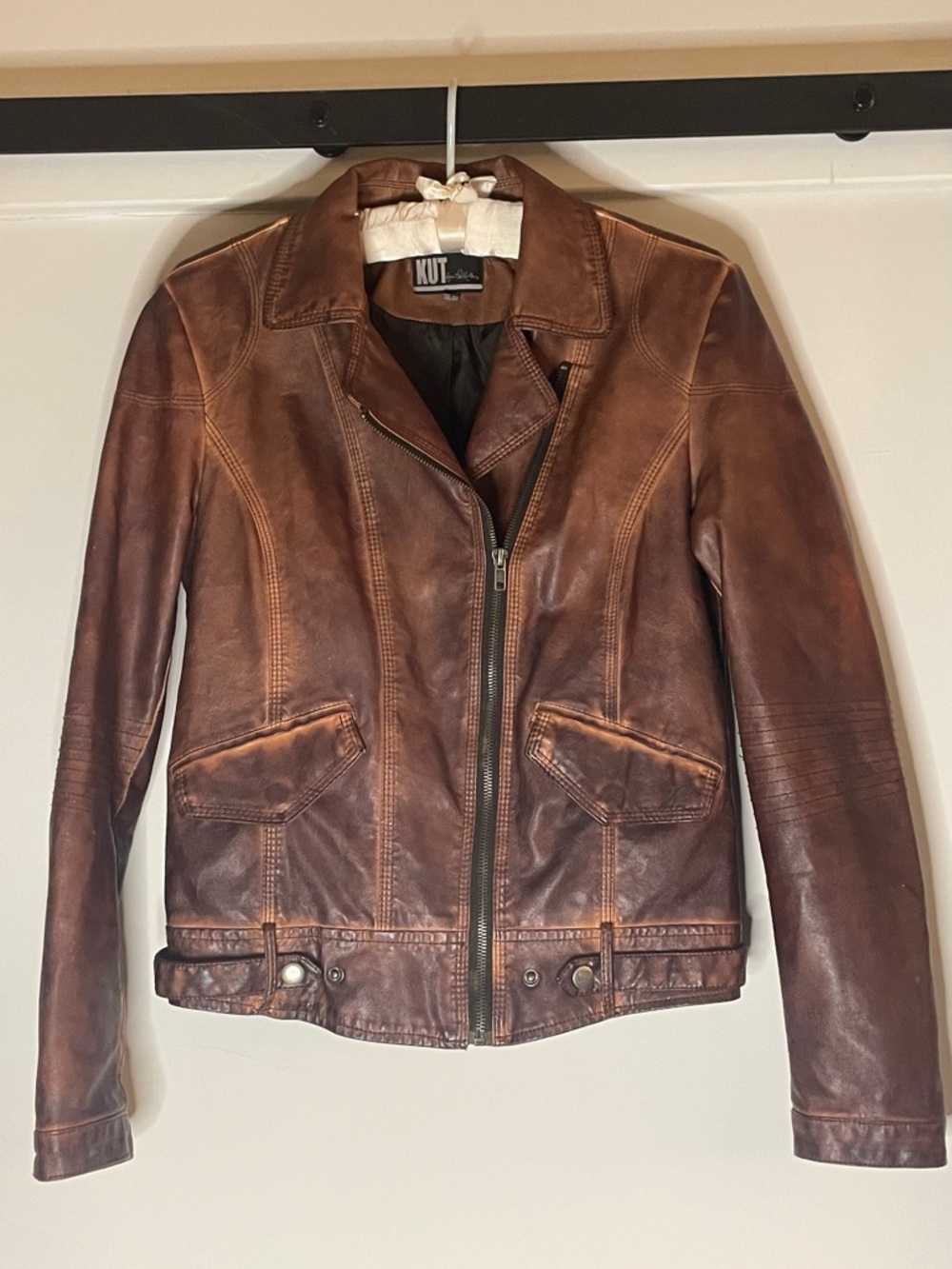 KUT from the Kloth Distressed Brown Vegan Leather Moto Jacket- like butter!